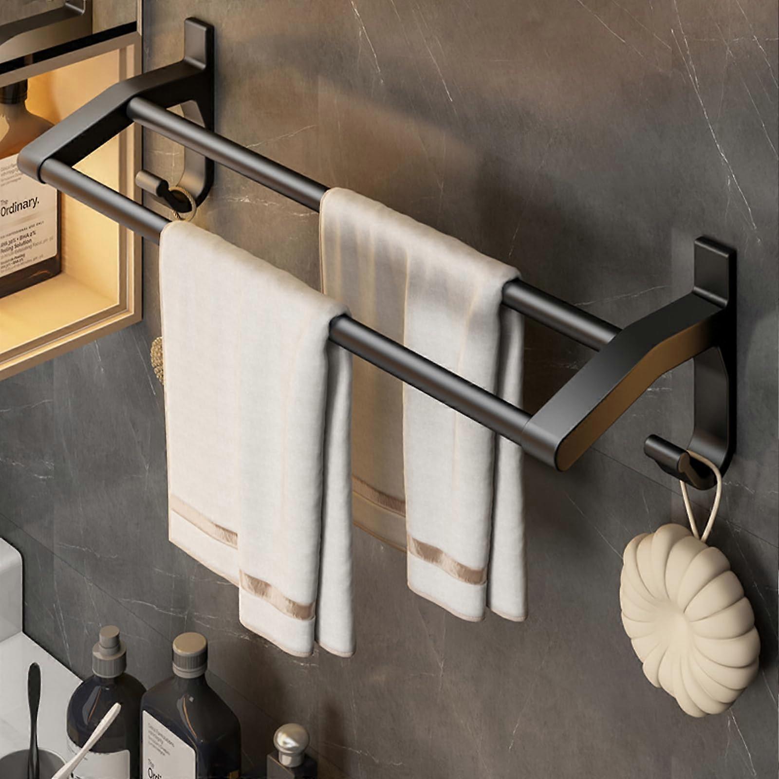 Double Towel Rail No Drilling Black Towel Rail SelfAdhesive Wall Mounted Bath Towel Holder with 2 Towel Hooks for Bathroom Kitchen 70 cm 70cm