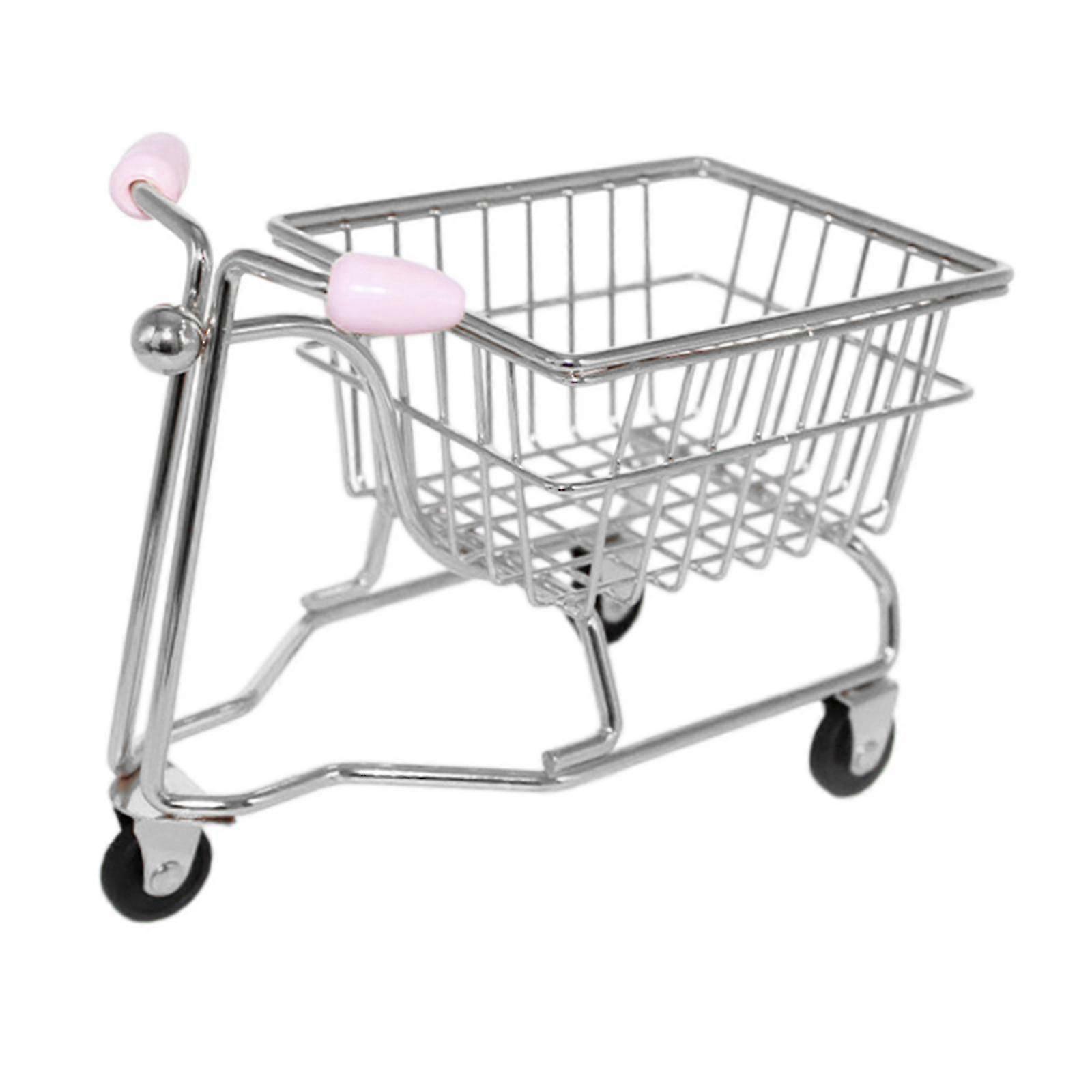 Miniature Shopping Cart Toy Trolley Model Fun Mini Storage Basket Girls Gift argent and pink