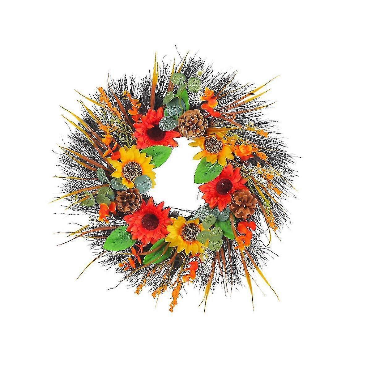 Pinecone sunflower decorative wreath, orange-yellow plastic, 40cm in diameter, durable and reusable