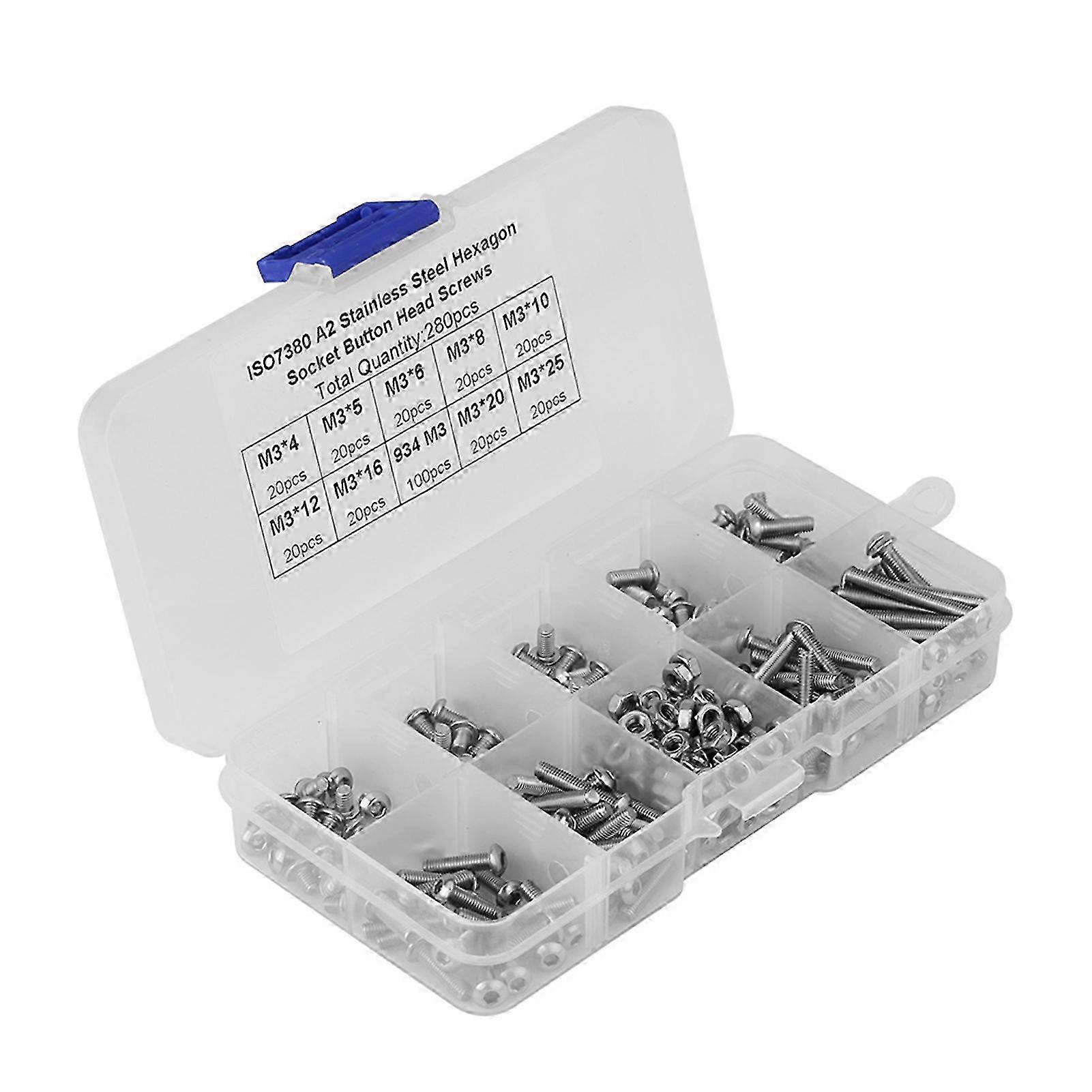 280pcs M3*4/5/6/8/10/12/16/20/25 Button Head Hex Socket Screws Nuts with Plastic Case