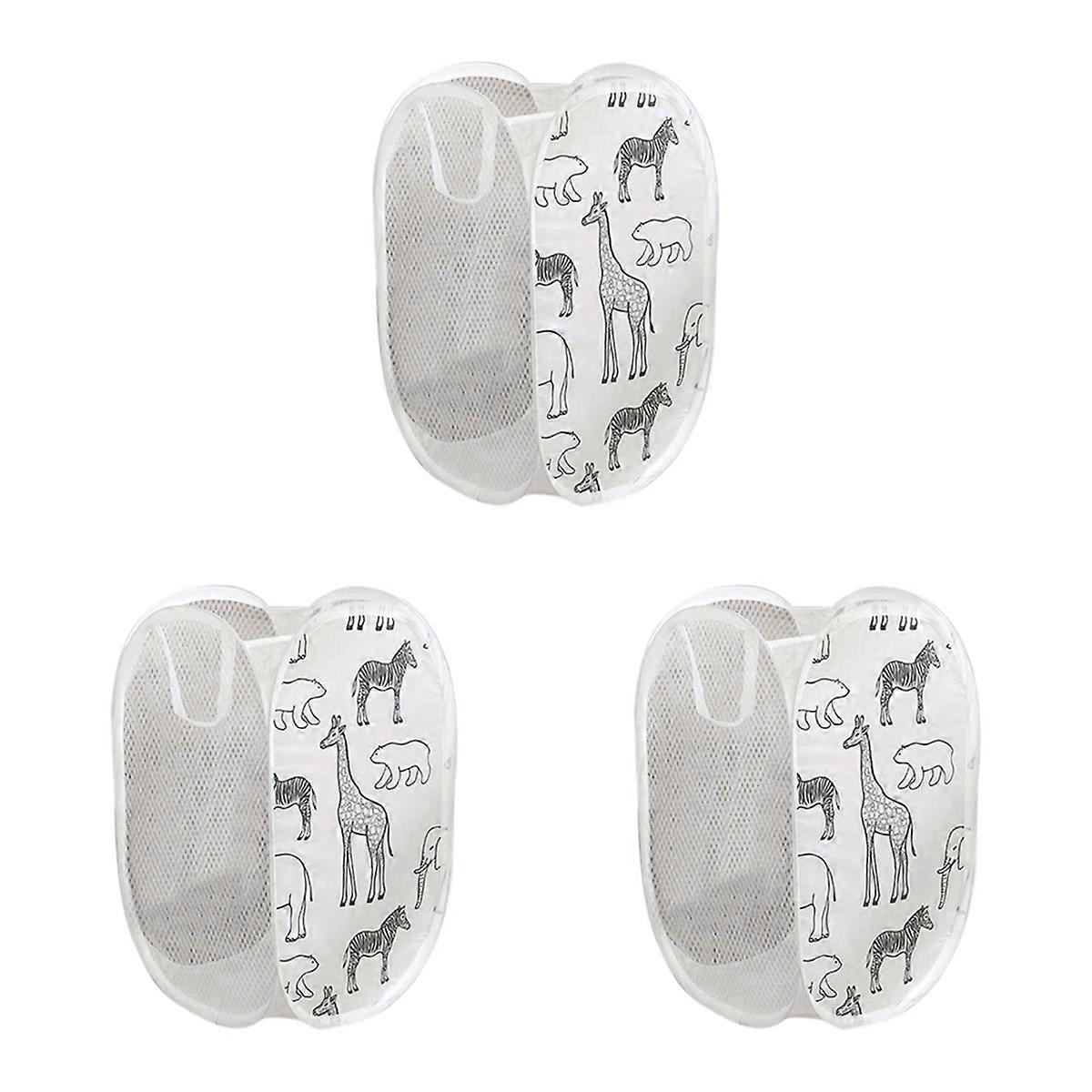 3pcs Cartoon Foldable Laundry Basket Mesh Toy Storage Bin for Kids 30x30x48cm White