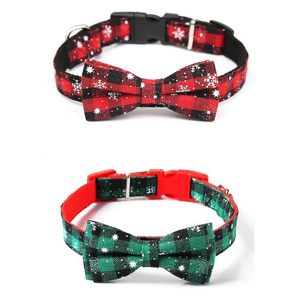Windfall Dog Collar with Bow Tie, Christmas Plaid Snowflake Red Green, Adjustable Buckle, Compatible with Small Medium Large Dogs & Cats