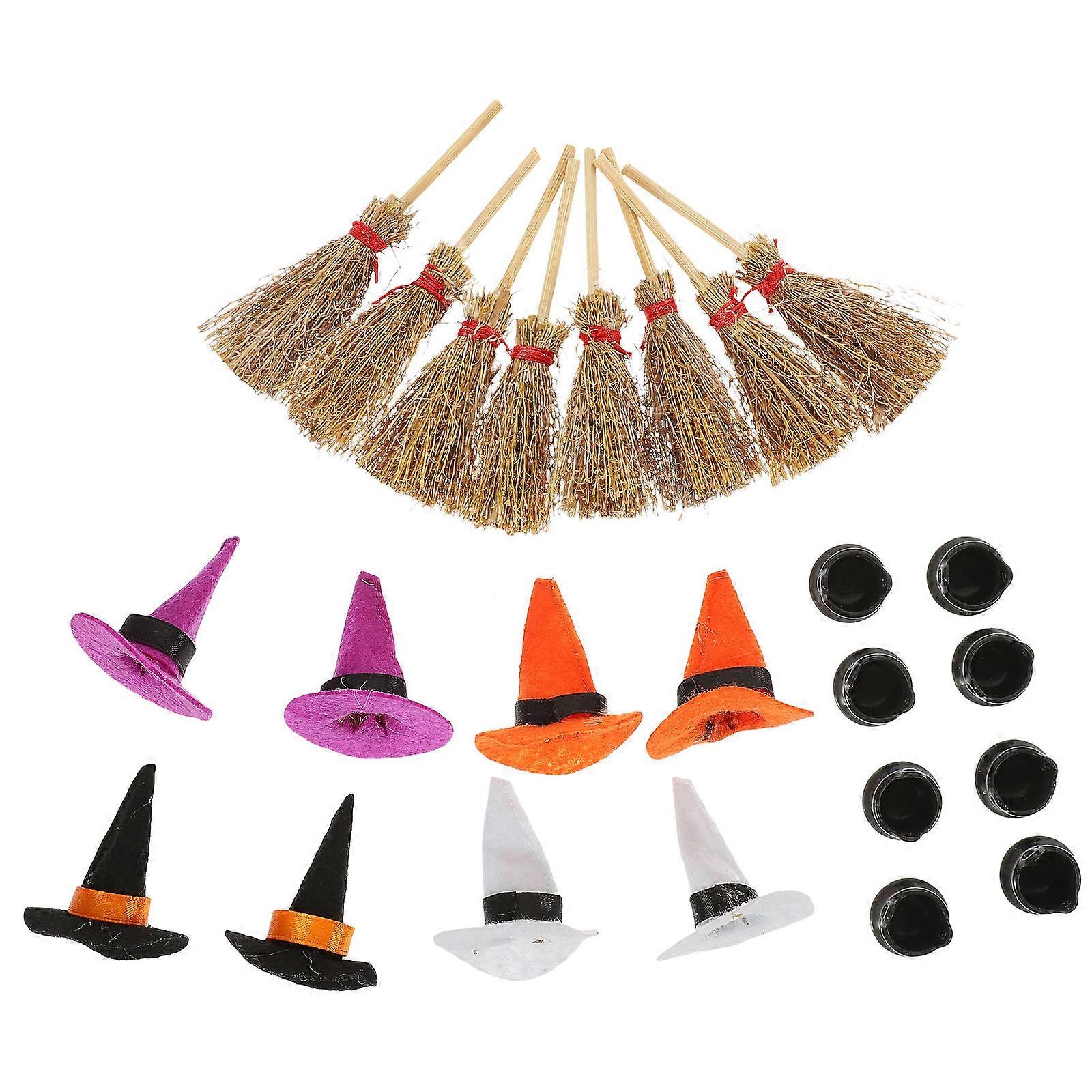 Tiny Witch Hat and Broom Decor for Halloween Celebration 4Sets