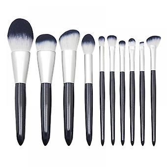 Veeki 10Pcs cyan blue wooden handle makeup brush set loose powder brush oblique head powder brush eye shadow eyebrow brush beauty tool