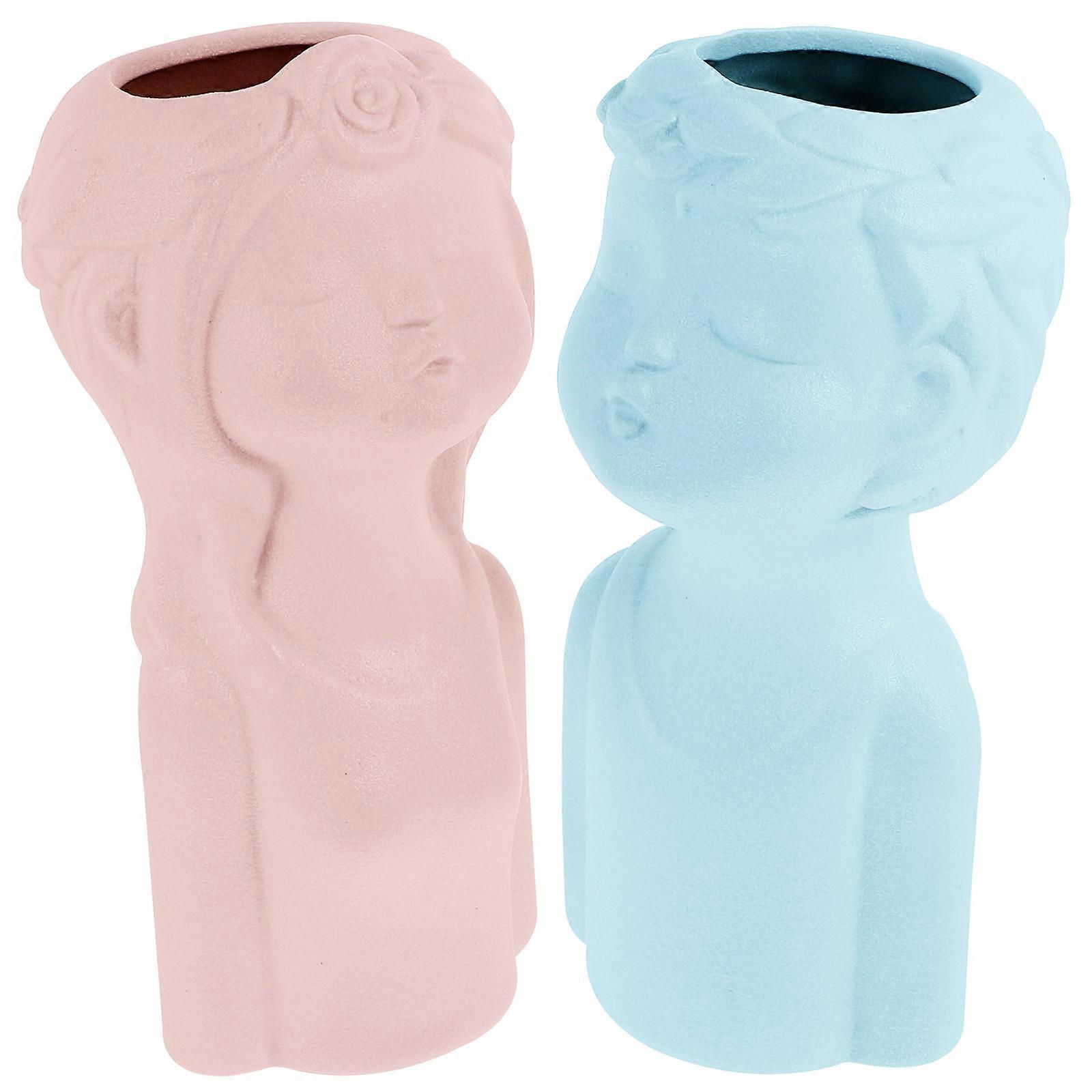 Art Ceramic Vase Human Face Vase for Flower Display 4Pcs Blue