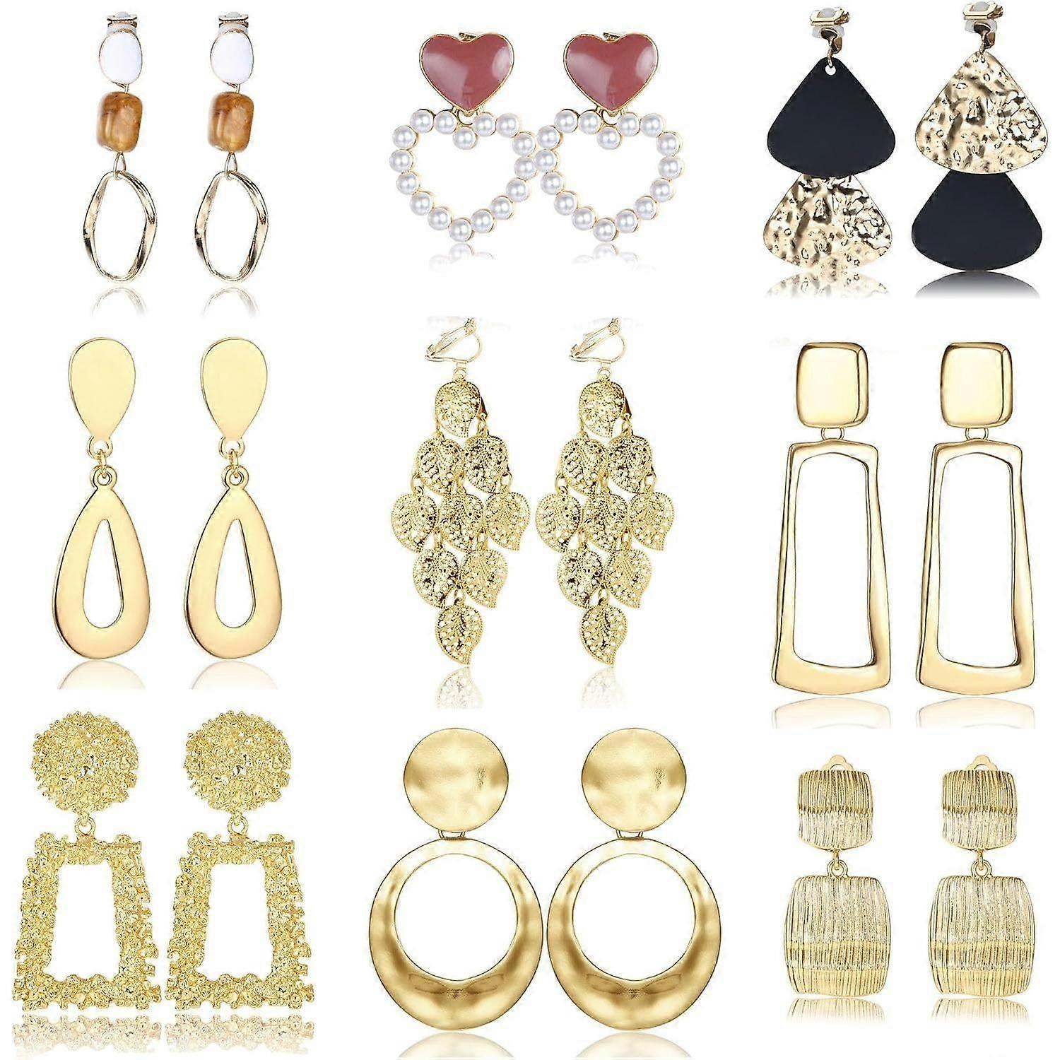 Jstyle 9 Pairs Clip On Earrings for Women, Non Piercing Dangling Earrings Compatible with Leaf, Round, Trapezoid, Square, Rectangle, Heart Geometric