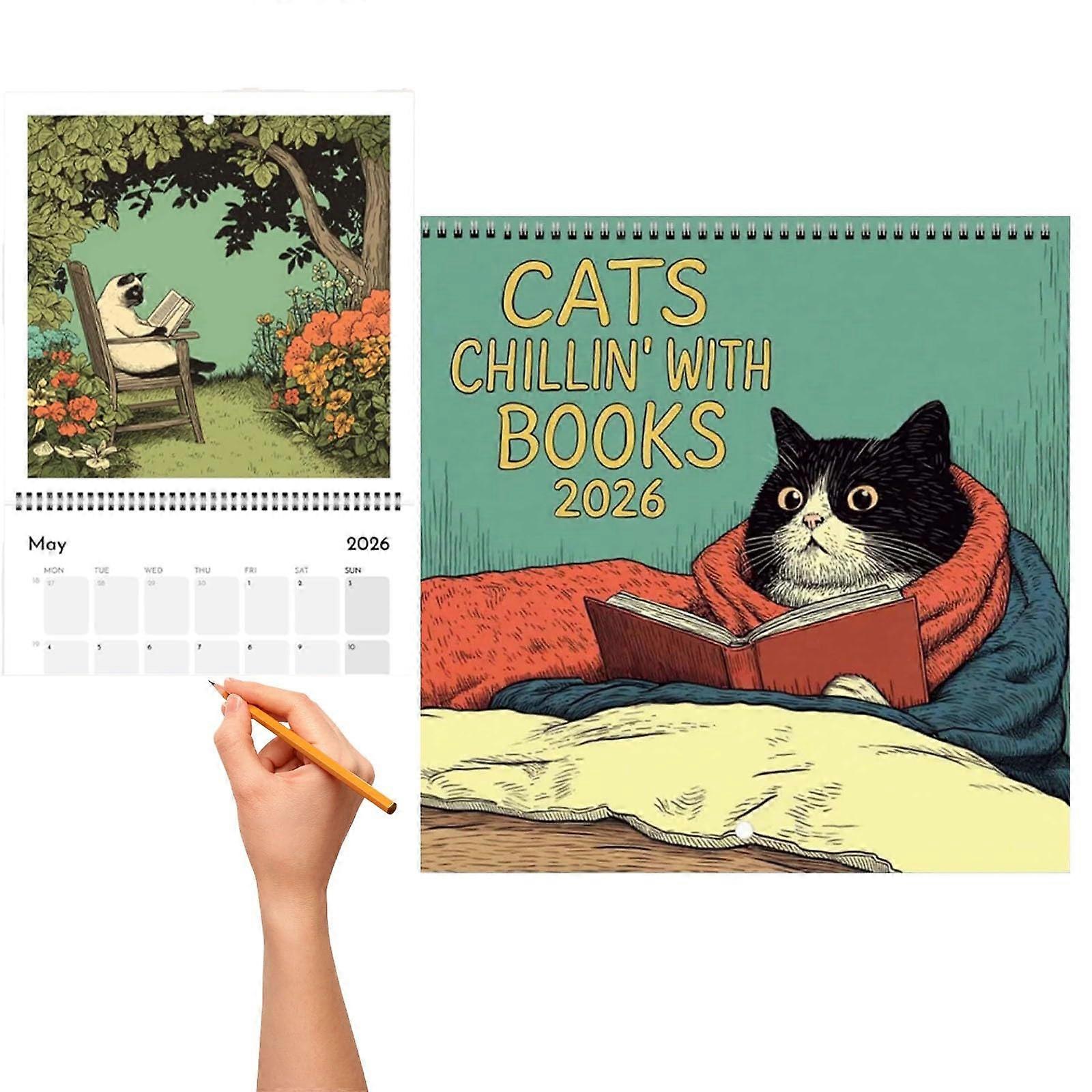 CatsChillin'withBooksWallCalendar2026Cat-ThemedIllustrationsPlanner
