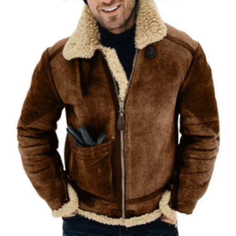 Veste d'hiver pour homme en cuir et fourrure de mouton : parka épaisse avec col à revers en laine, idéale par temps froid.