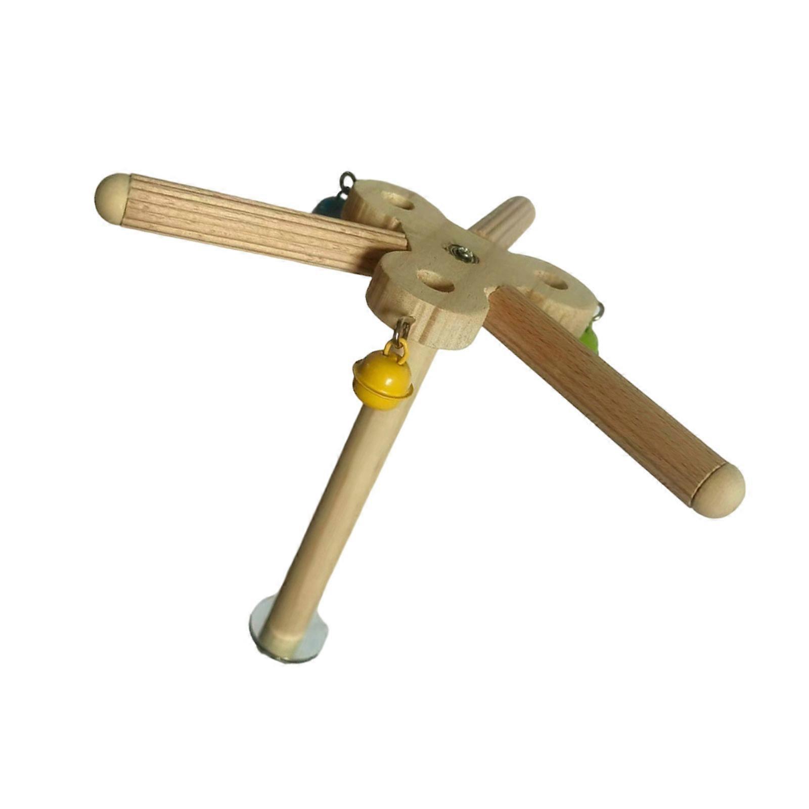 Wooden Bird Cage Windmill Perch Toy Rotating Colorful Exercise Stand with Bells For Finches Canaries Mental Stimulation Multicolor