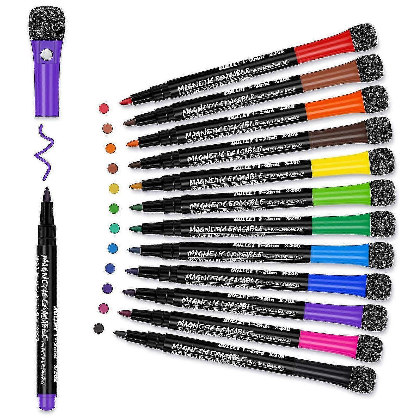 Magnetic Dry Erase Markers Fine: 12 Colors Erasable Whiteboard Markers with Eraser Cap, Low Odor