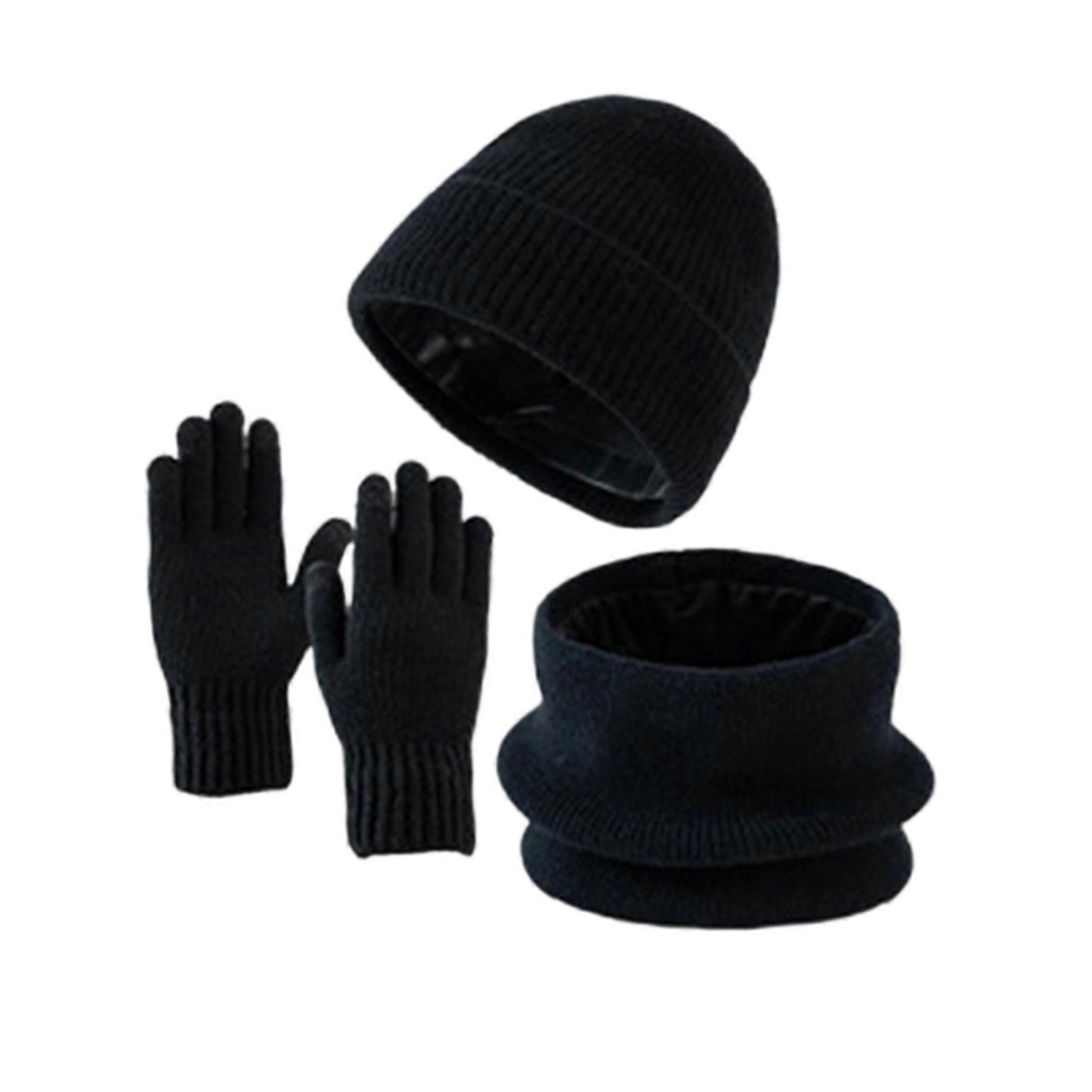 3Pcs/Set Winter Hat Scarf Gloves Set Solid Color Windproof Brimless Hat Neck Warmer Touch Screen