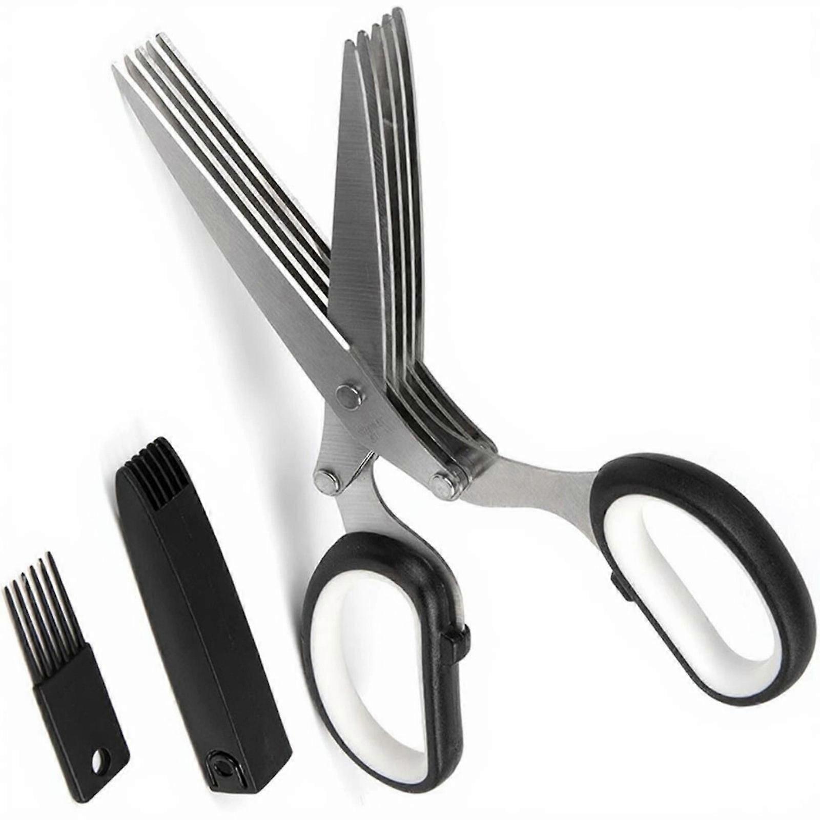 Multipurpose Steel Scissors 5 Simultaneous Cutting Layer with Safety Cover For Freshing Herb Vegetables Paper Shredding  black and white
