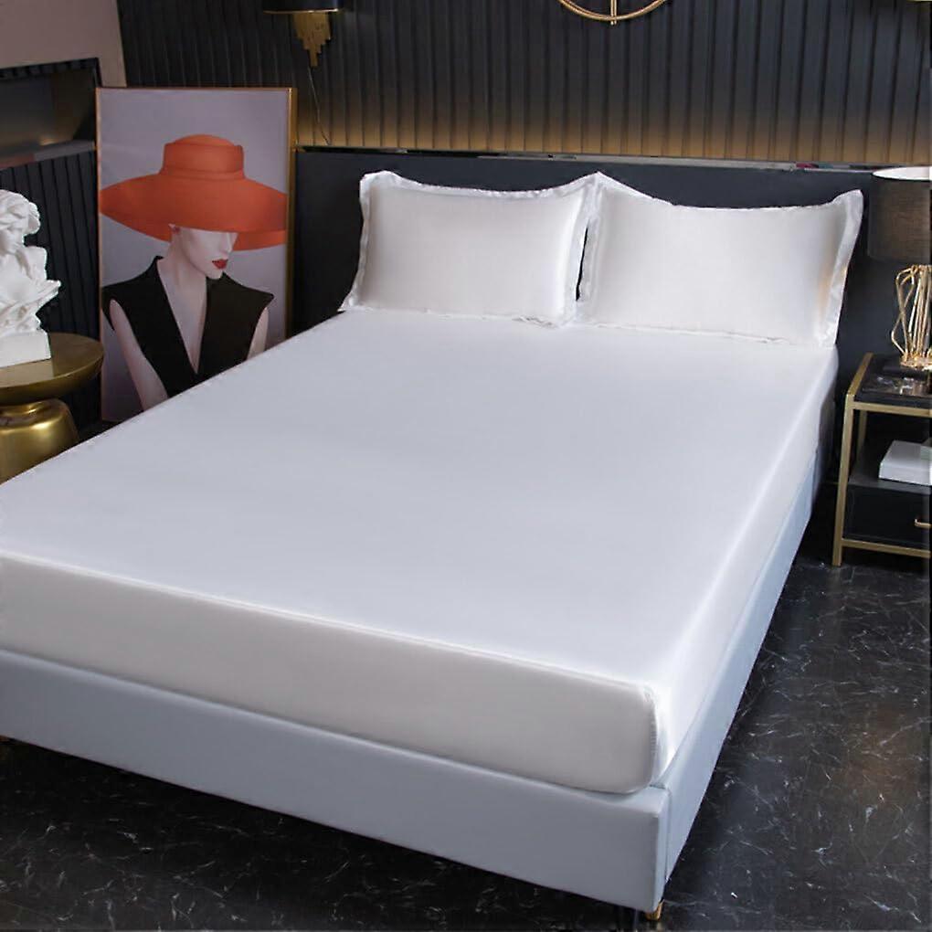 Breathable Satin Flat Sheet Bedding Collection Elegance Solid Color Waterproof Mattress Protector Polyester White