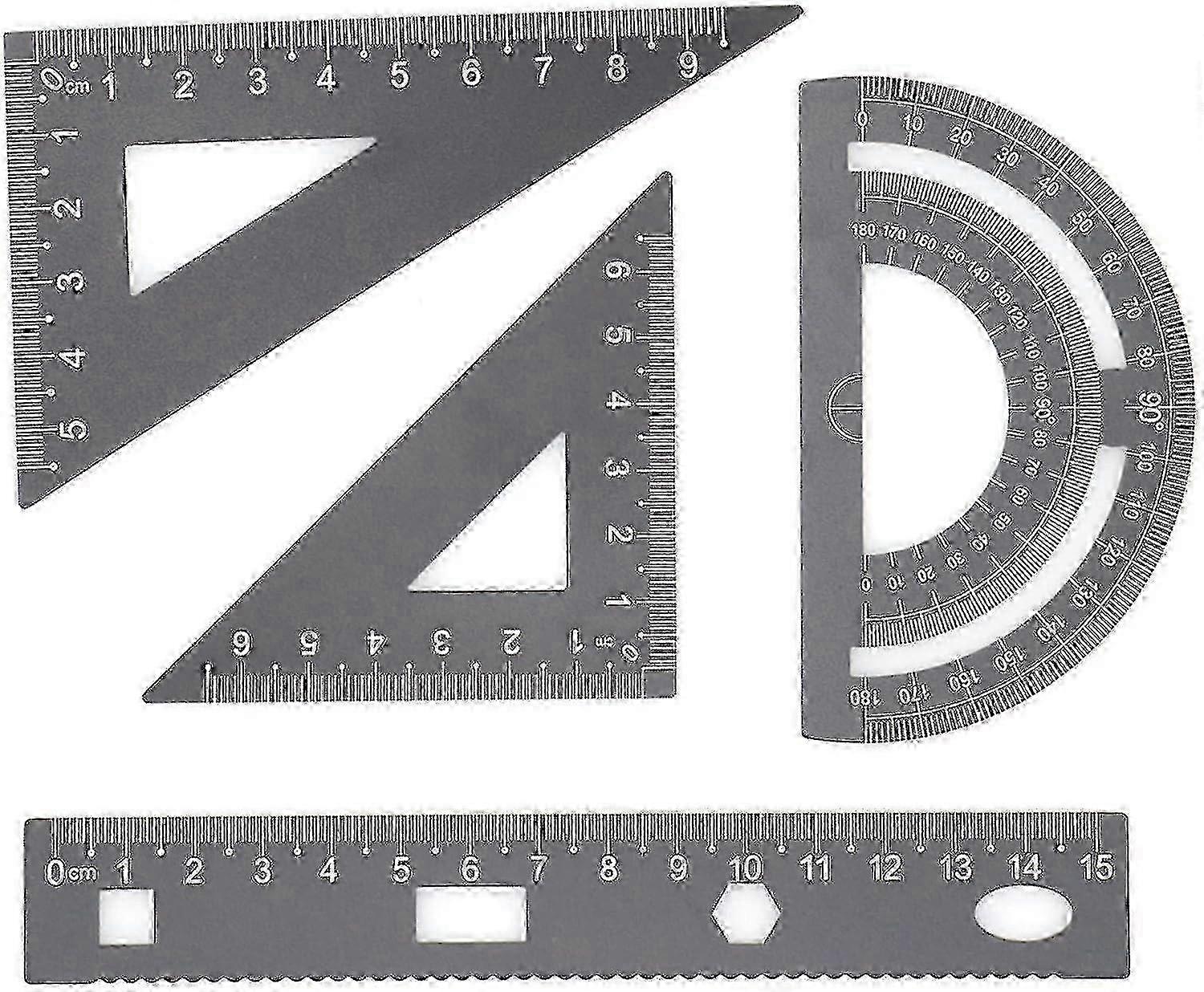 4 Pcs Black Metal Math Geometry Tools Aluminum Alloy Straightedge Triangle Ruler Protractor, Steel Graphic Design Tools Drafting Tool For St