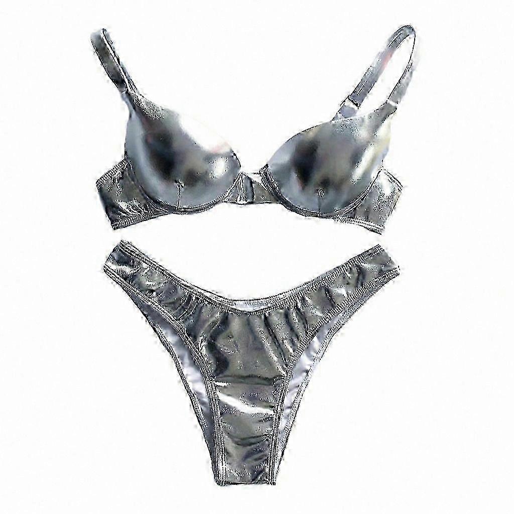 Shiny Metallic Two-Piece Swimsuit with Underwire Bra and Bikini Bottoms for Women Silver Beachwear