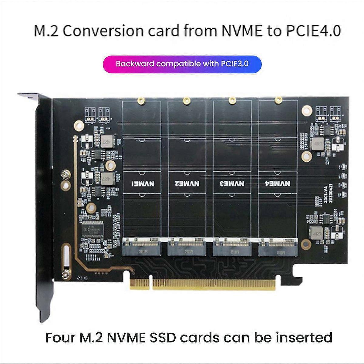 2X M.2 NVME to PCIe 4.0 X16 Adapter Card, Supports 4 NVMe M.2 2280, Supports Bifurcation 