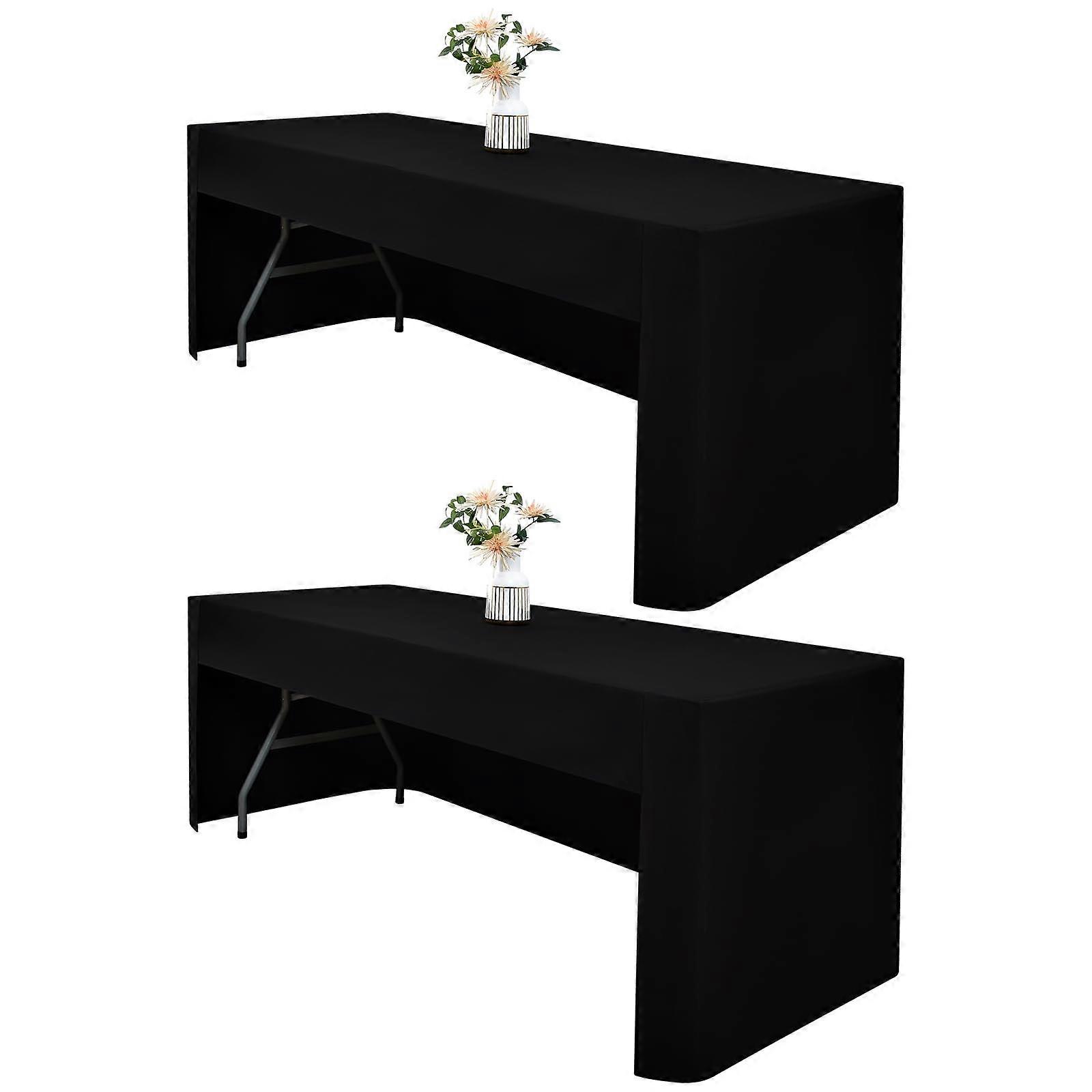 2 Pack 4ft Open Back Fitted Tablecloth Black Polyester Vendor Cover for Trade Shows and Events