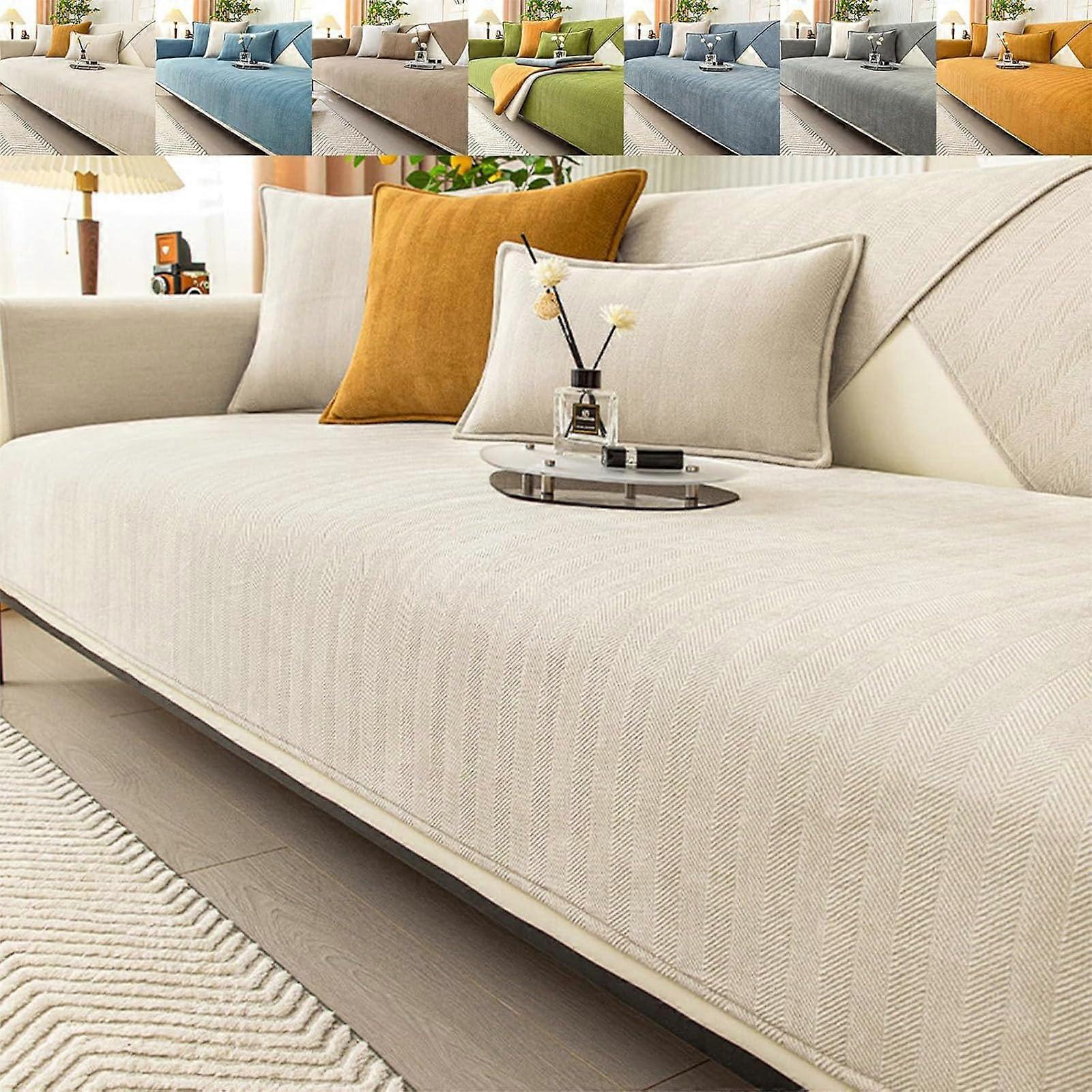 Chenille Herringbone Sofa Cover Non Slip Beige Sectional Couch Protector for Pets 90x240cm