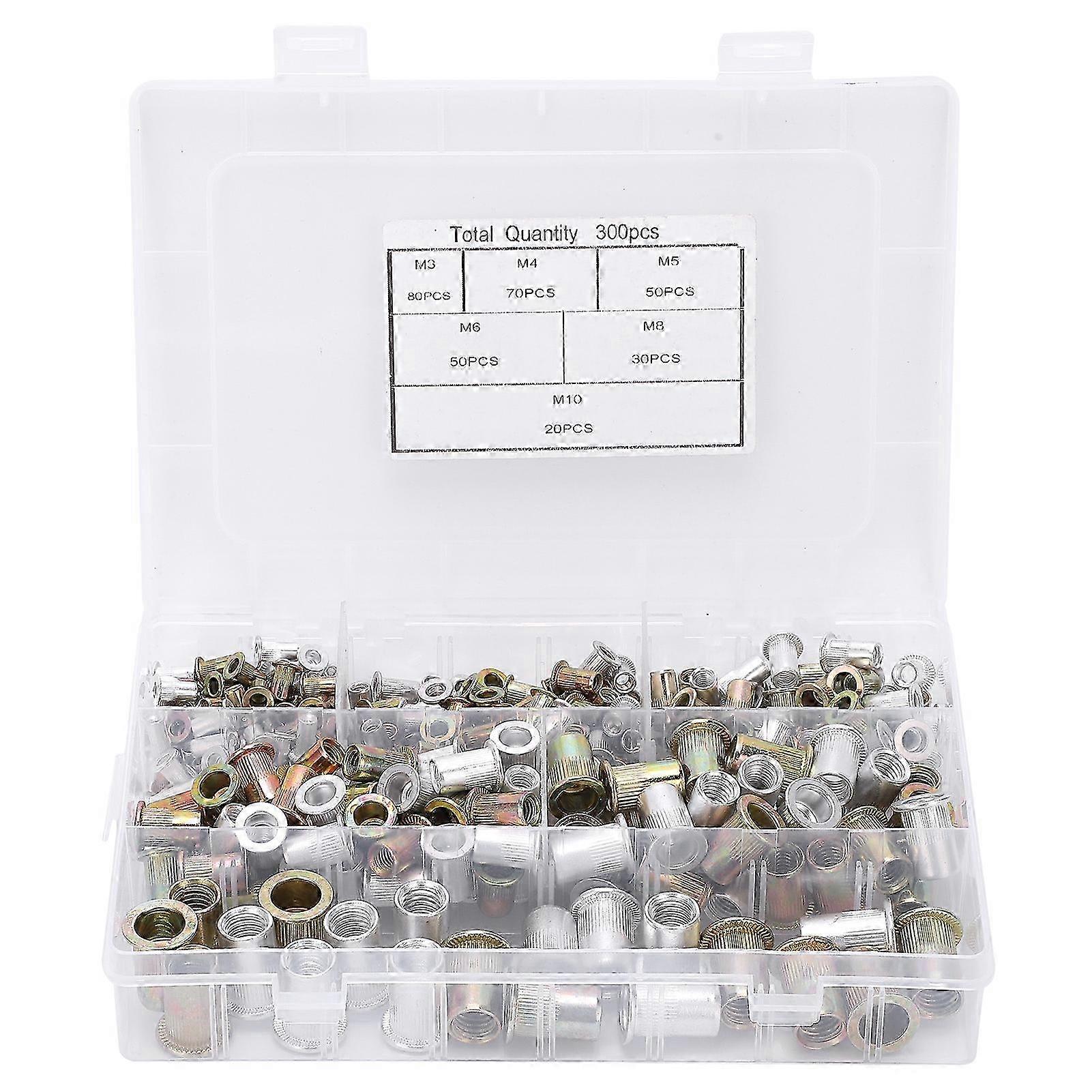 300Pcs Rivet Nut Set Carbon Steel Threaded Insert Kit Assortment with 6 Specifications 26-27s
