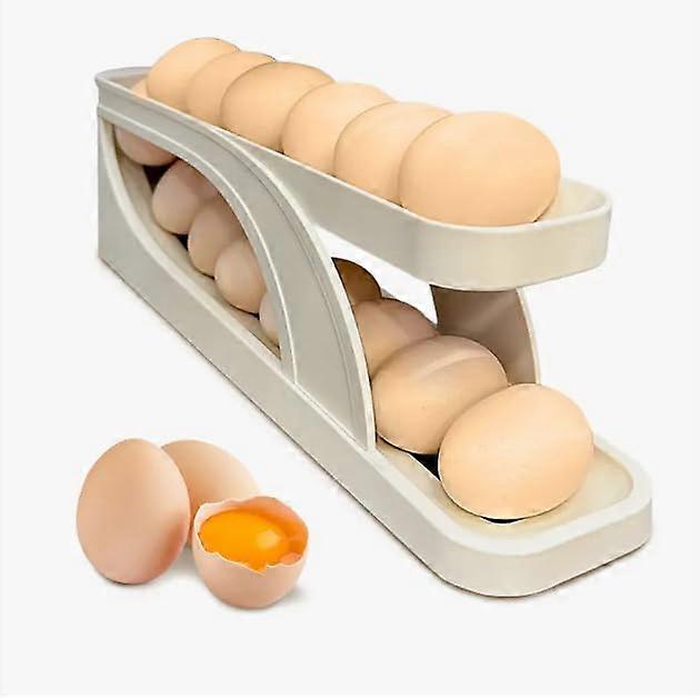 Egg Dispenser for Refrigerator, Automatic GravityFed 2Tier Egg Holder Organizer Tray, Beige