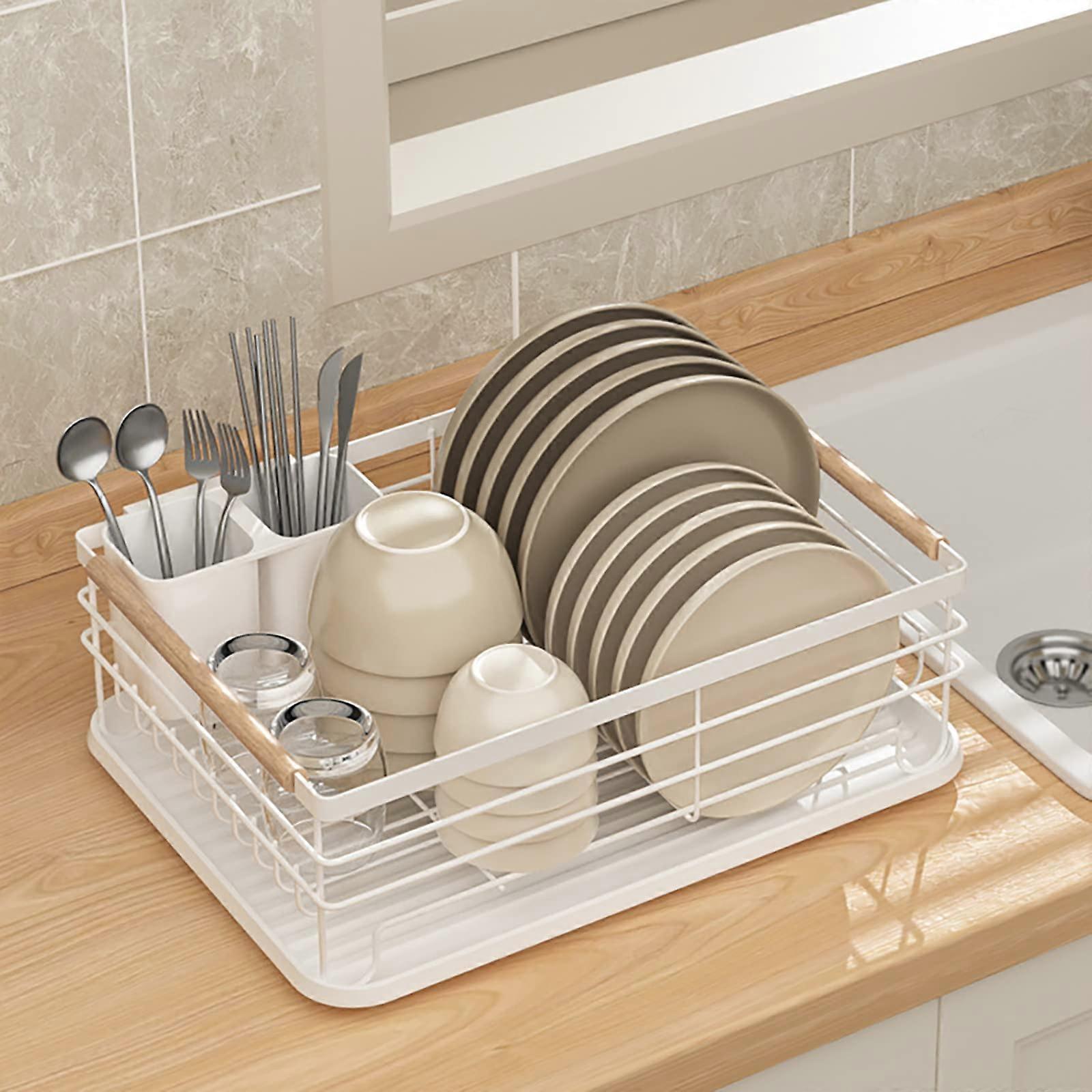 Dish Drying Rack with Utensil Holder and Removable Drip Tray, Countertop RustResistant White