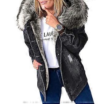 Women Winter Warm Fluffy Collar Hooded Denim compatible with Jacket Warm Long Sleeve Button Gray