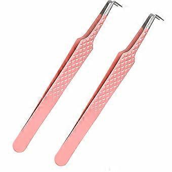 Set of 2 Tweezers for Eyelash Extensions, High Precision Fiber Tip with Right-Angle for Professional Volume Application