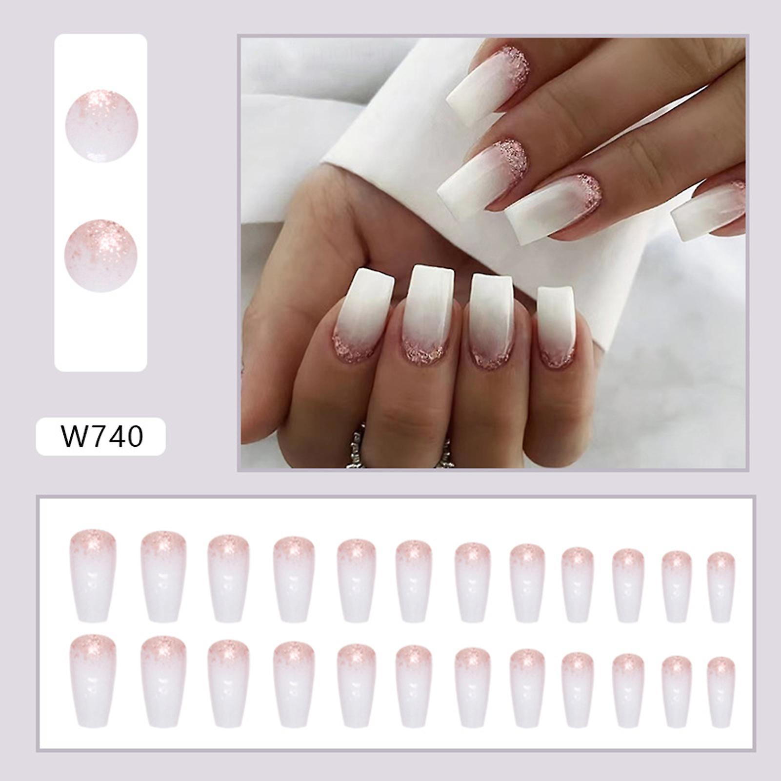 White Gradients With Glitter Decor Fake Nails Durable & Never Splitting Com