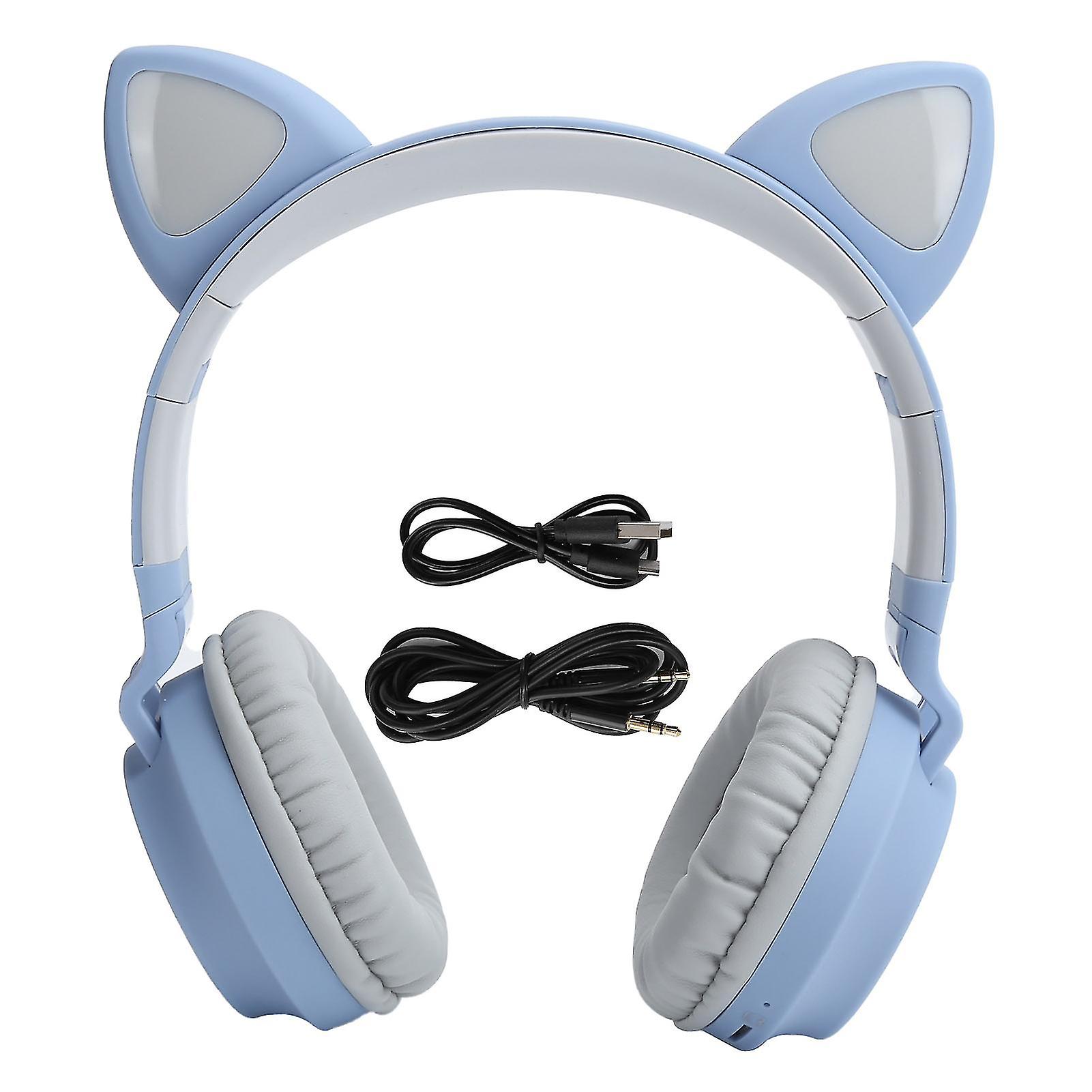 Cat Ear Headphone 3D LED Light Wireless Bluetooth 5.0 Foldable Headsets with MicrophoneGray Blue
