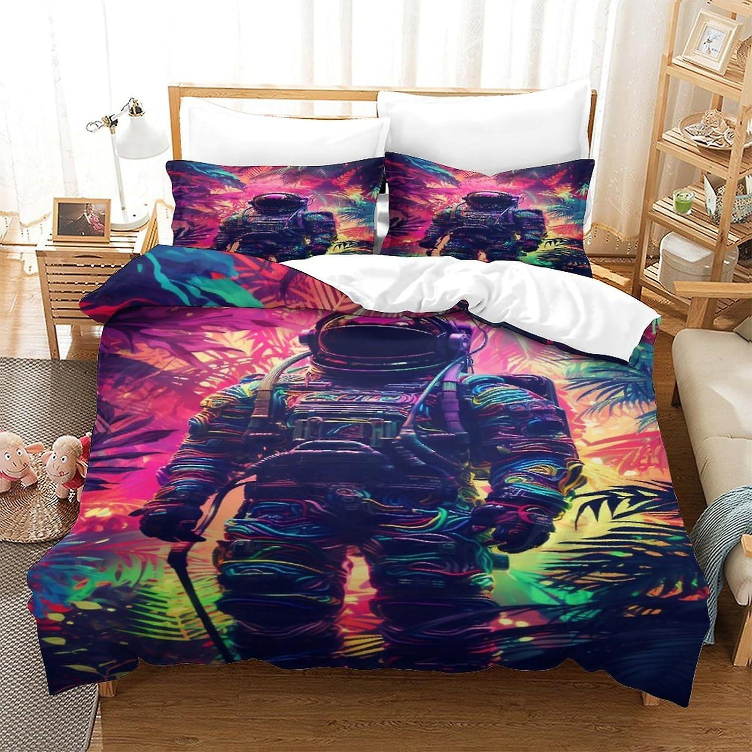 HOUKIG Astronaut Mattress Comforter Set 3 Piece Retro Style Printed Bedding Set 3 Piece Comforter Cover with Zip for Teenagers & Adults