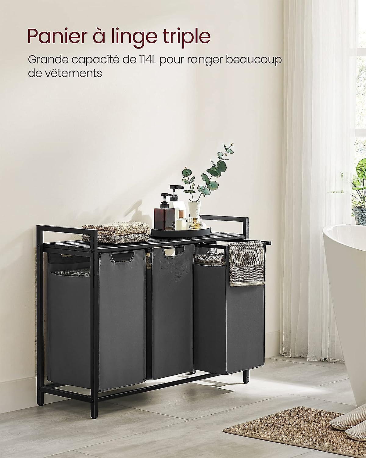 3-compartment laundry basket with slatted shelf and liners