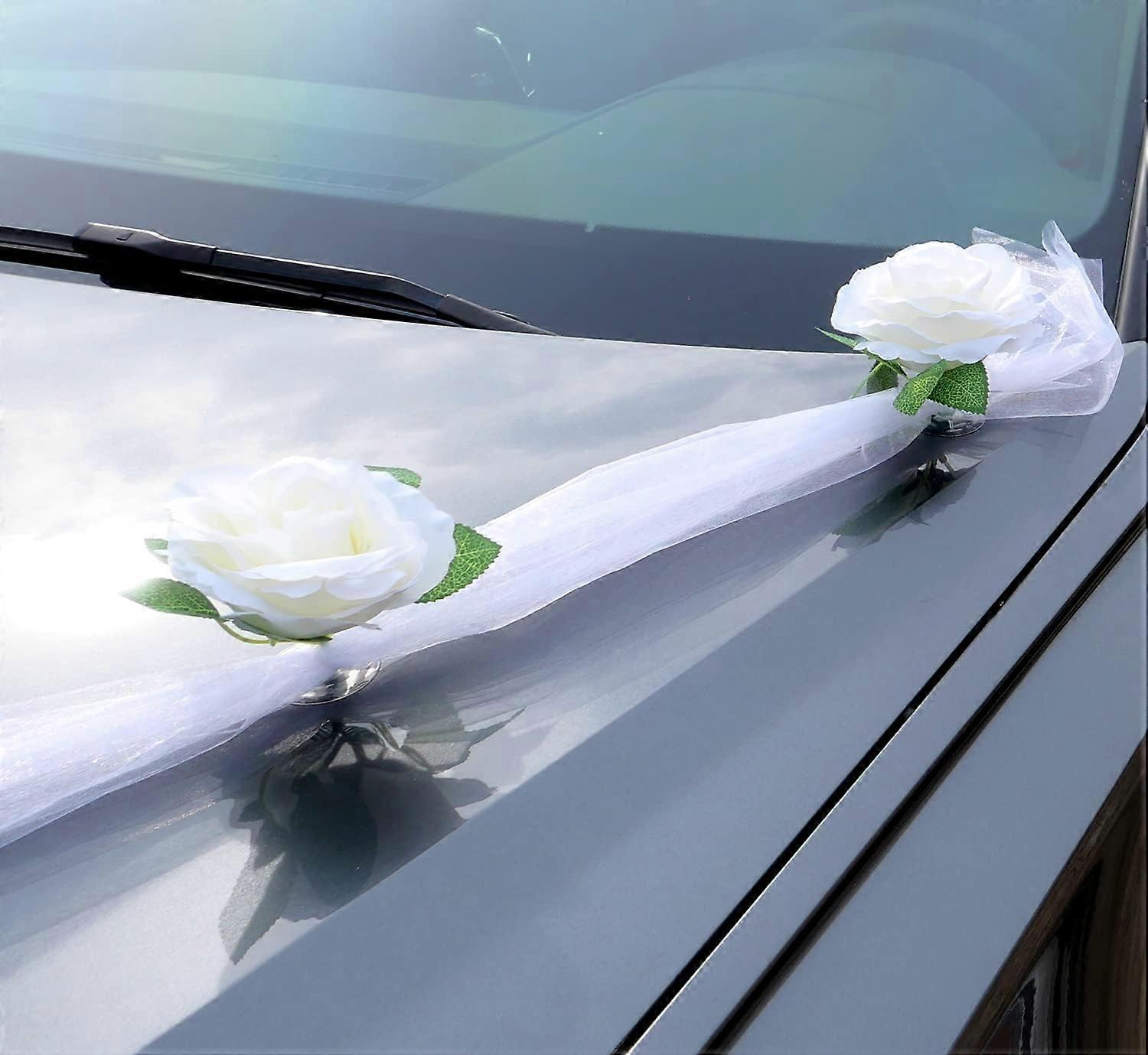 Kit Decorazioni Auto Per Matrimonio – 2 Ghirlande Da Cofano E 4 Decorazioni Per Portiere, Rose Bianche/verdi