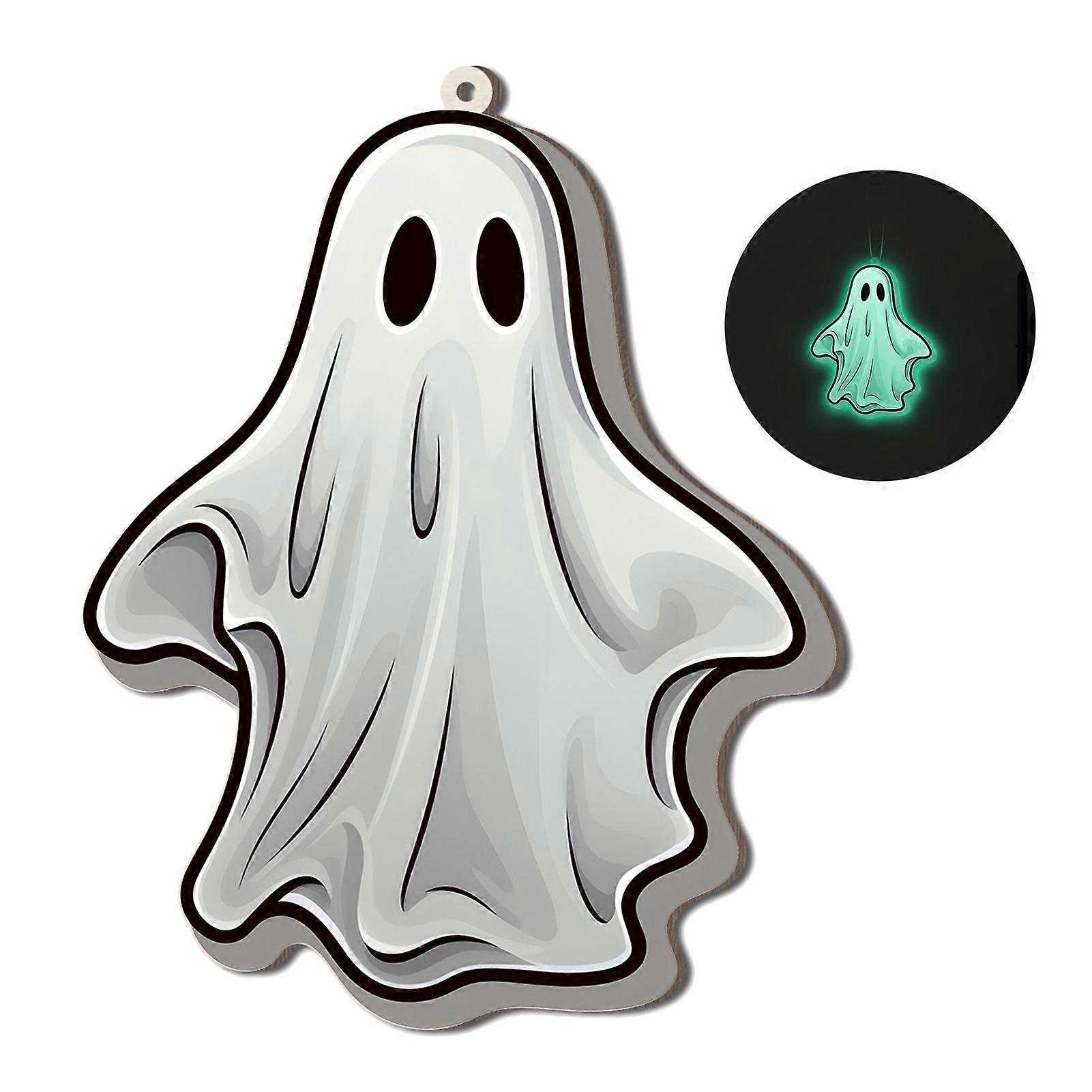 Halloween Decoration Glowing Ghost Hanging Ornaments Wood Door Sign Festive Atmosphere Hanger for Home Garden Yard