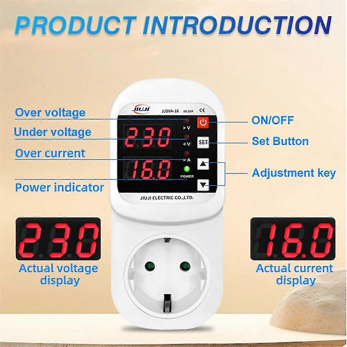 Automatic Voltage Current Protector Socket Ac230-300v Adjustable 16a Power Surge Protector Eu Plug