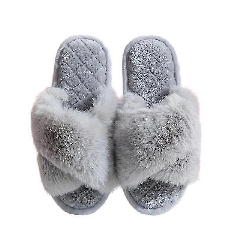 Women's Cross Band Slippers Fuzzy Soft House Slippers Plush Furry Warm Cozy Open Toe Fluffy Home Shoes Comfy Winter Indoor Outdoor Slip On Breathable