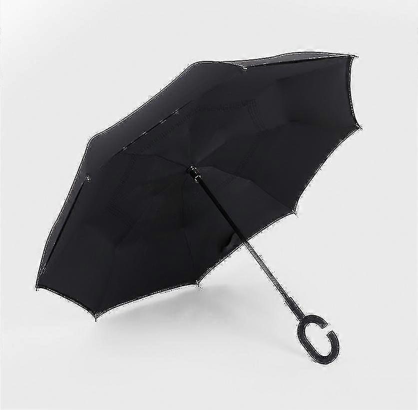 C- Parasol Folding Rain Windproof Umbrella Double Layers Inverted Reverse--black