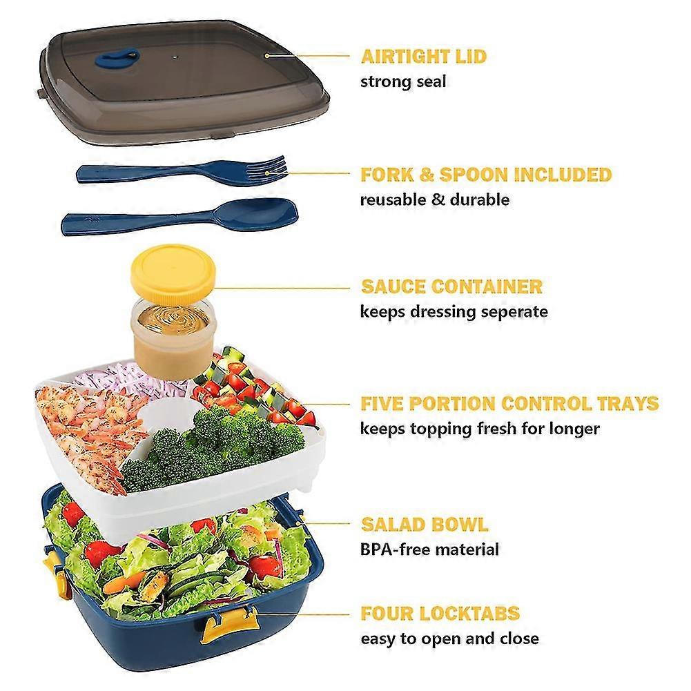 Salad Lunch Container To Go,salad Bowl With 5compartments Bento Style Tray, Reusable Fork Spoon And