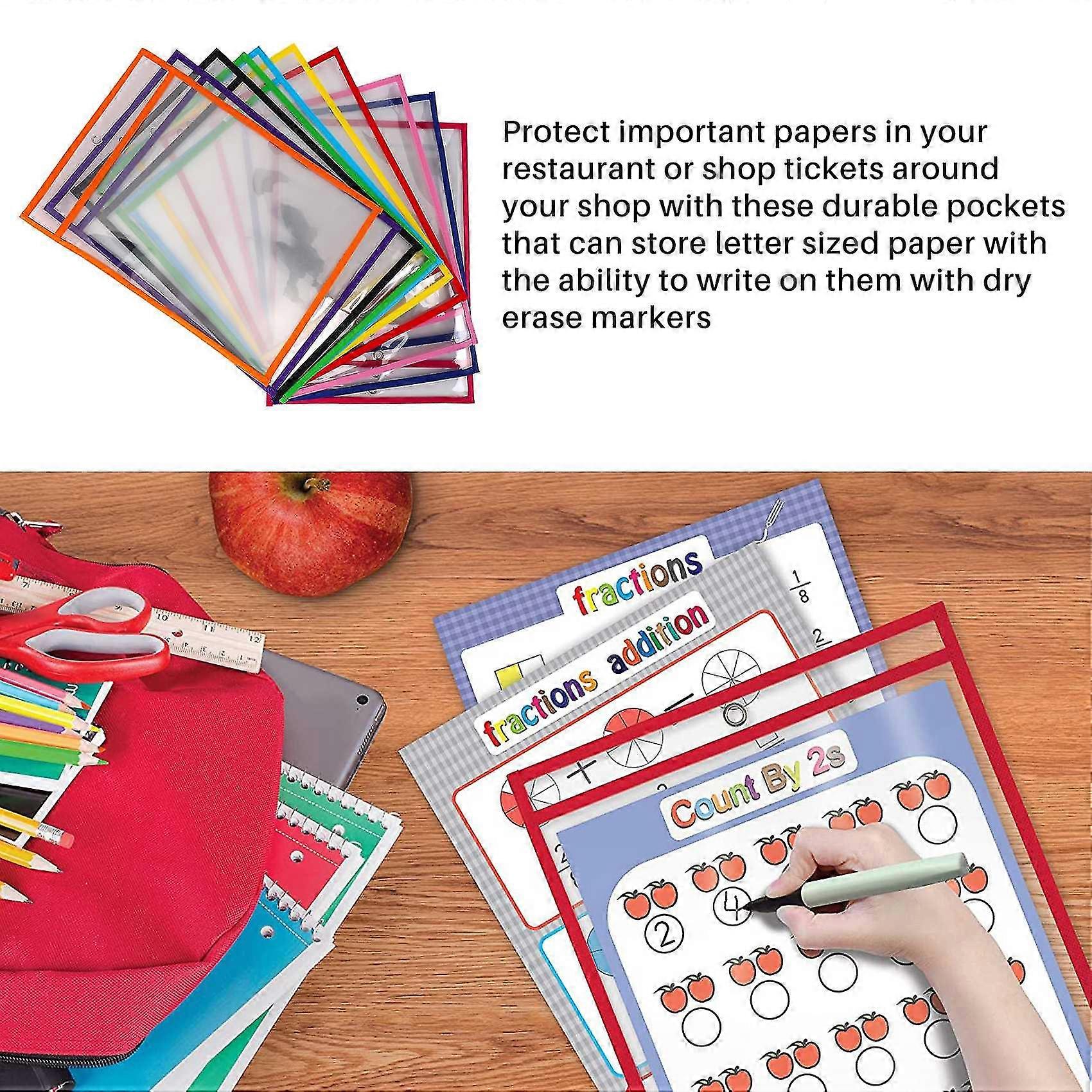 10 Dry Erase Pockets, Oversize 9 X 12 Inch Pockets, Perfect Classroom Organization, Reusable Dry Er