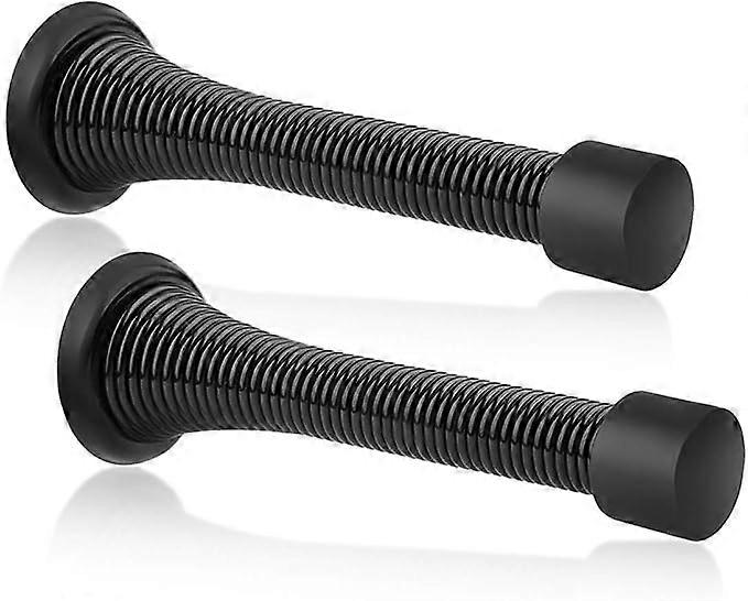 2 Pack Spring Door Stopper Black- Flexible Spring Door Stops with Black Rubber Bumper Tips
