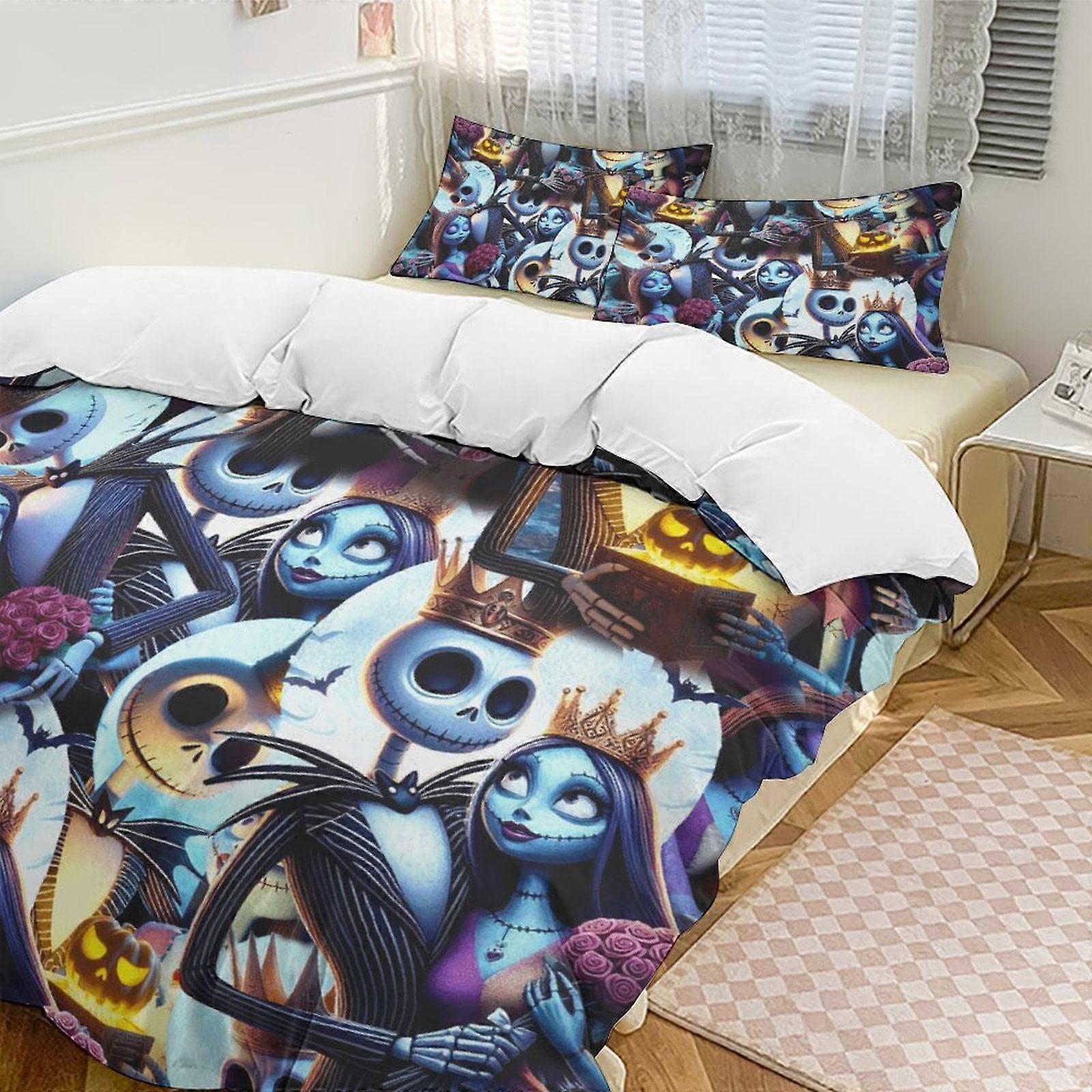 v7611  Bed Sheets Bedding King Queen The Nightmare Before Christmas Comforter Set Soft 3 Pcs Twin Bedding Sets Thicken for All Season, 1 Comforter  2 
