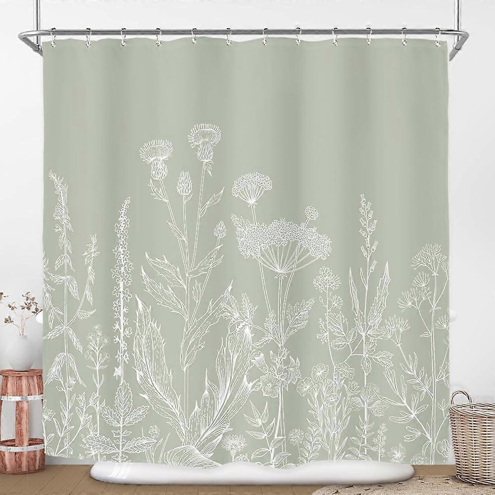 バスルームの装飾のためのセージグリーンフローラルワイルドフラワーシャワーカーテン72Wx72H植物ハーブ植物春自然葉素朴な農家アートプリントファブリックポー