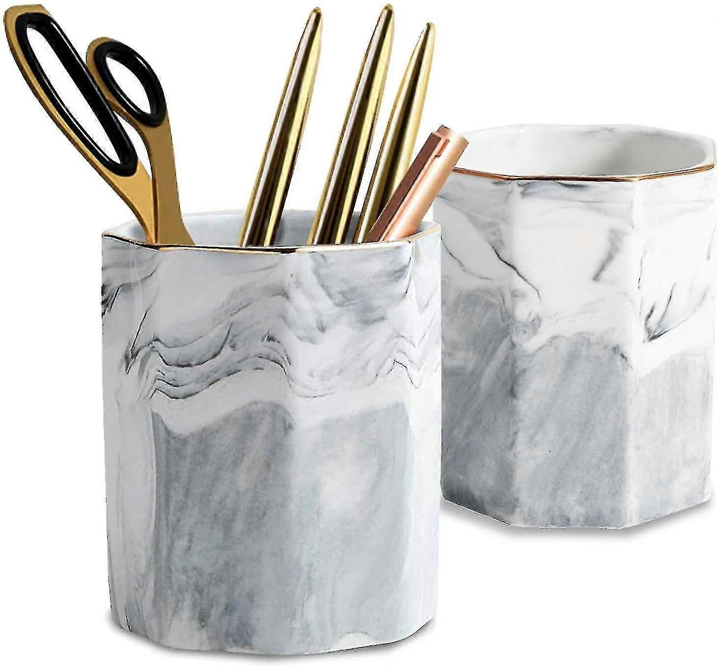 2 Pack Ceramic Pen Holder Stand,cup For Desk Marble Pattern Makeup Brush Holder