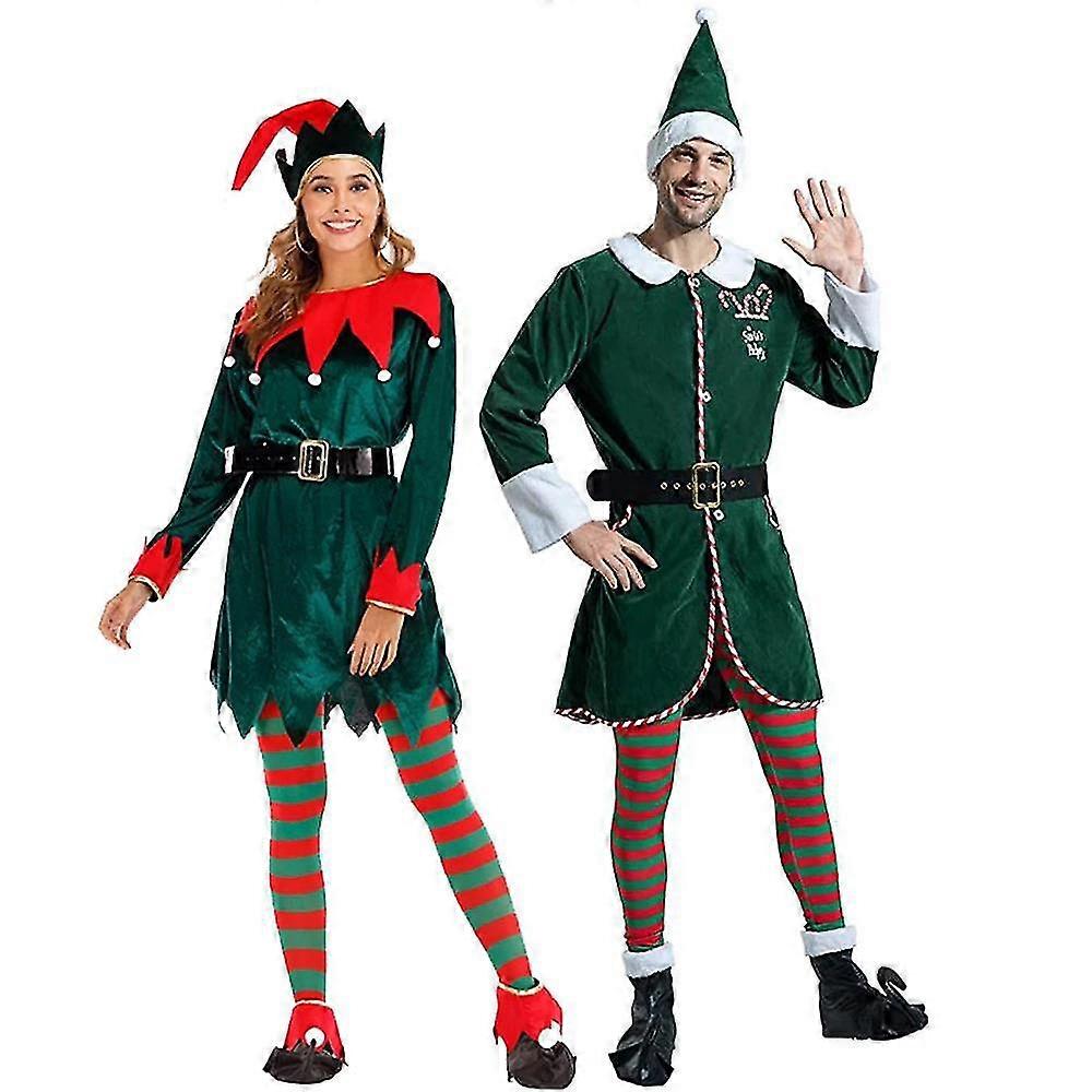 デラックスサンタクロースヘルパーコスプレウィメンドレスグリーンクリスマスエルフコスチューム大人用クリスマスワークショップ新年の衣装Men_vv