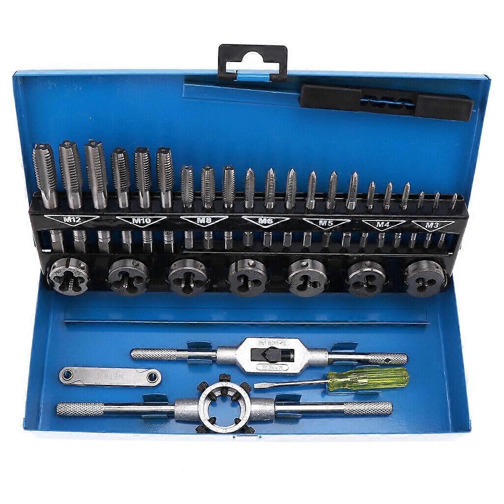 32 PCS Tap and Die Set Metric Wrench Cut M3-M12 Hand Threading Tool Bolts+Case