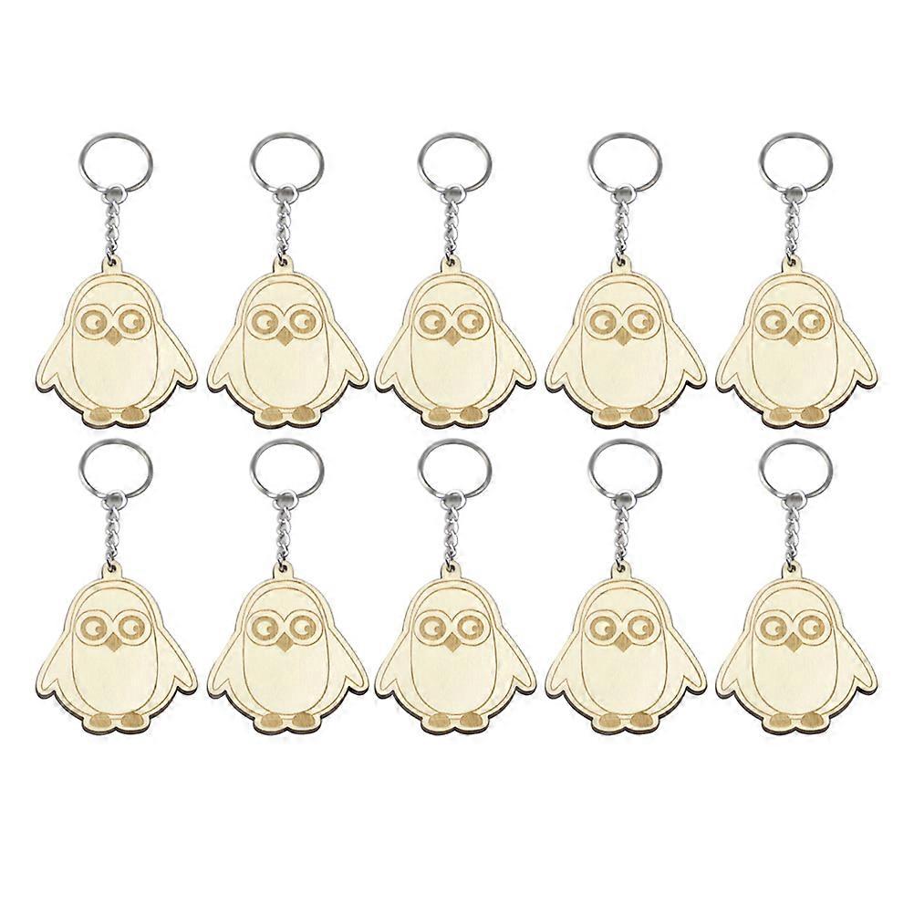 10pcs in Set Wooden Cartoon Keychain DIY Animal Pattern Pendant Decorative Keychain Children Small Gift (Penguin Pattern)