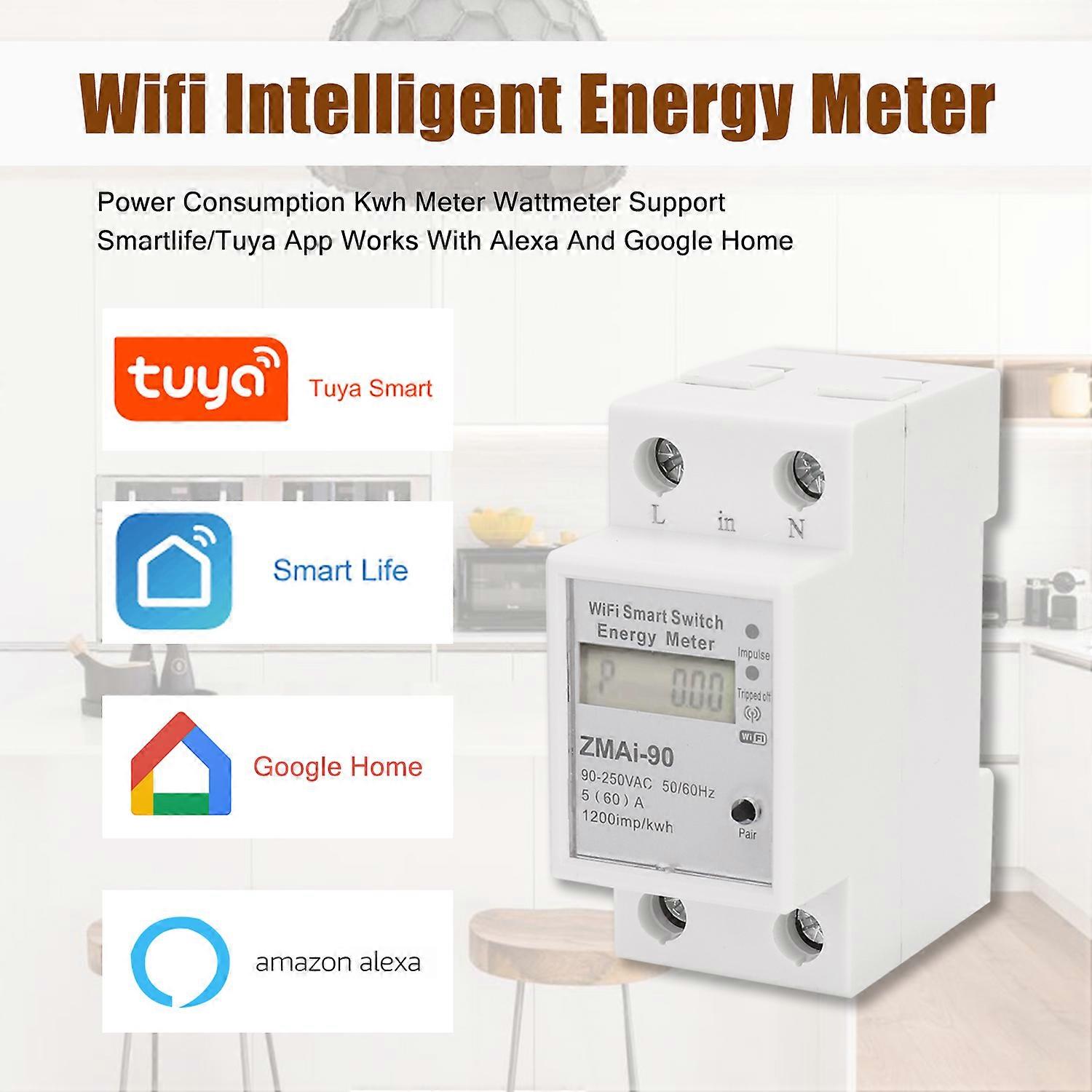 Single Phase Din Rail Wifi Intelligent Energy Meter Power Consumption Kwh Meter Smartlife/Tuya App Works With Alexa Google Home