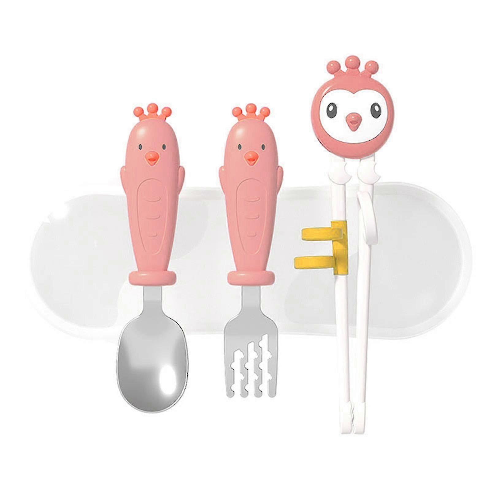 Cute Animal Shape Baby Training Chopsticks Helper Learning Fork Spoon Set Pink