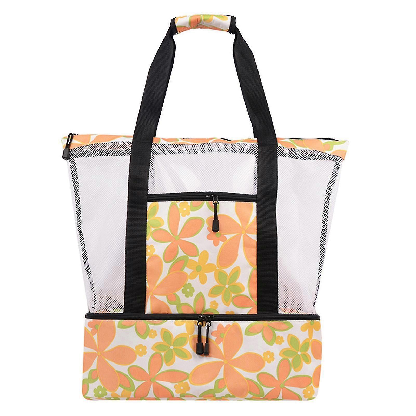 Mesh Beach Tote Bag With Insulation Compartment Waterproof Picnic Bag With Side Pocket Zipper