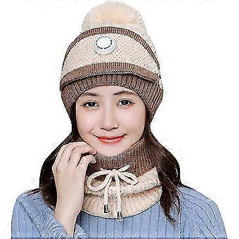 Winter Knit Beanie Hat Women Warm Ski Hat Thick Pompon Fleece CapBeige