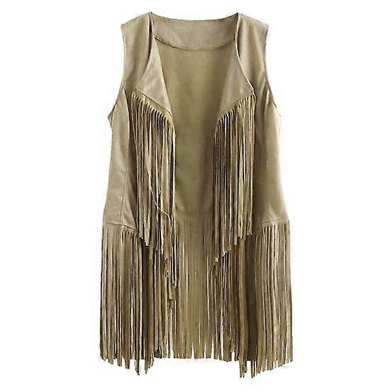 Women Cardigan Tassel Fringed Solid Color Open Stitch Vintage Western Cowboy Cosplay Hippie Sleeveless Stage Performance Role Play Lady Waistcoat